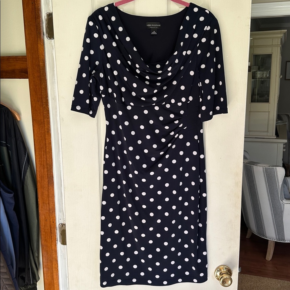 Navy polka dot dress. Stretch and easy wear.